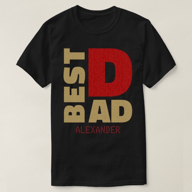 Bästa Pappa Red Glitter Namn Guld, anpassad T Shirt (Design framsida)