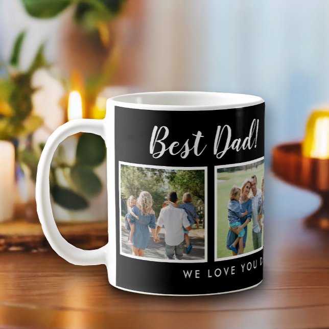 Bästa Pappa! Svart meddelande om fotokollage Kaffemugg (Best dad script font with 6 family photo slots, along with a custom message for your number 1 Dad.)