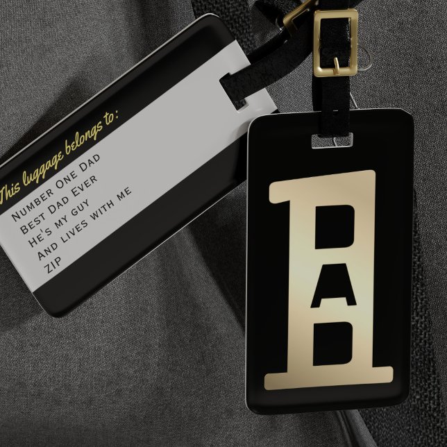 Bästa pappa svart och guld bagagetikett bagagebricka (He's the Number I Dad. Best Dad Ever! Add his details)