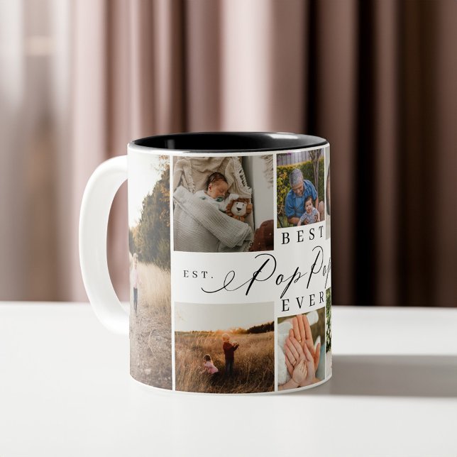 Bästa popup-fönster någonsin med Elegant 8 fotokol Två-Tonad Mugg (Best Pop Pop Ever Elegant Script 8 Photo Collage Two-Tone Coffee Mug)