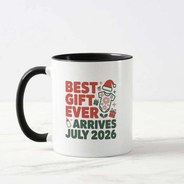 Bästa presenten anländer i juli 2026 julpar mugg (Vänster)