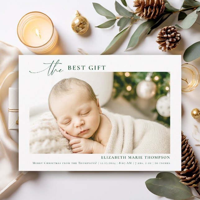 Bästa presenten Minimalistisk grön jul babyfoto Julkort (new baby family christmas card best gift from above minimalist simple photo calligraphy photo green)