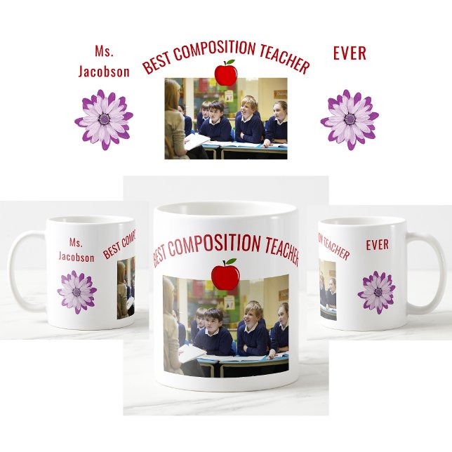 Bästa sammansättningsteam Namn fotoutvärdering Kaffemugg (Best Composition Teacher Ever photo mug. Name. Flowers. Apple. Modern, cute teacher appreciation mug)
