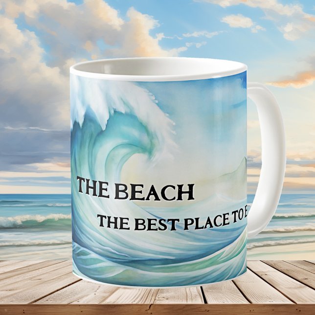 Bästa Ställe för att vara vattenfärgsblad Mugg (Mug featuring a watercolor painting of a big wave on the beach. Great for a beach house or surfer)