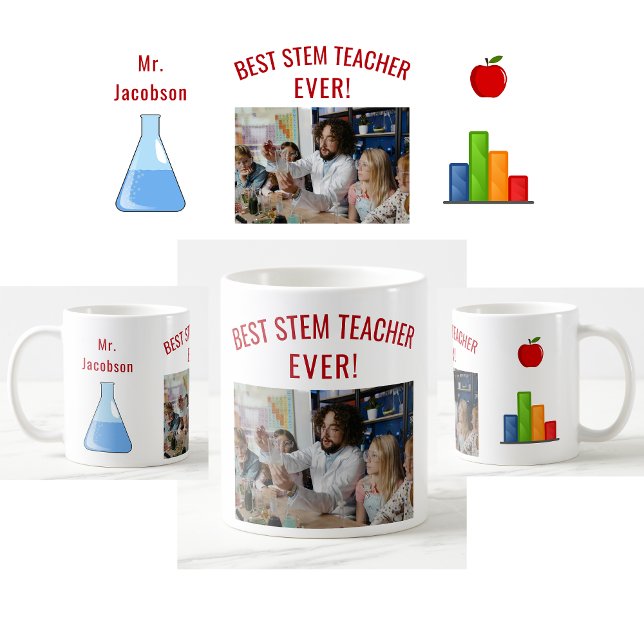 Bästa STEM-lärare någonsin, Namn, foto, uppskattni Kaffemugg (Best STEM Teacher Ever photo mug. Name. Beaker. Bar Graph. Apple. Cute teacher appreciation mug)