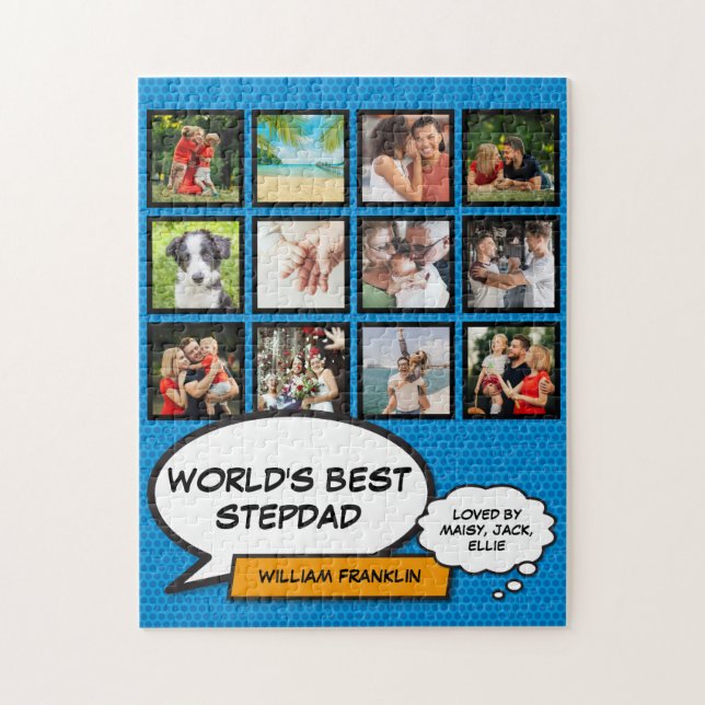 Bästa styvfar, styvpappa 12 foto blå rolig serie pussel (Vertikal)