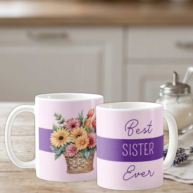Bästa syster någonsin gerbera blommor lila kaffemugg (Skapare uppladdad)