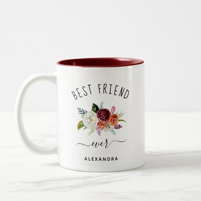 Bästa vän någonsin | Trendig Burgundy Boho Blommig Två-Tonad Mugg (Vänster)