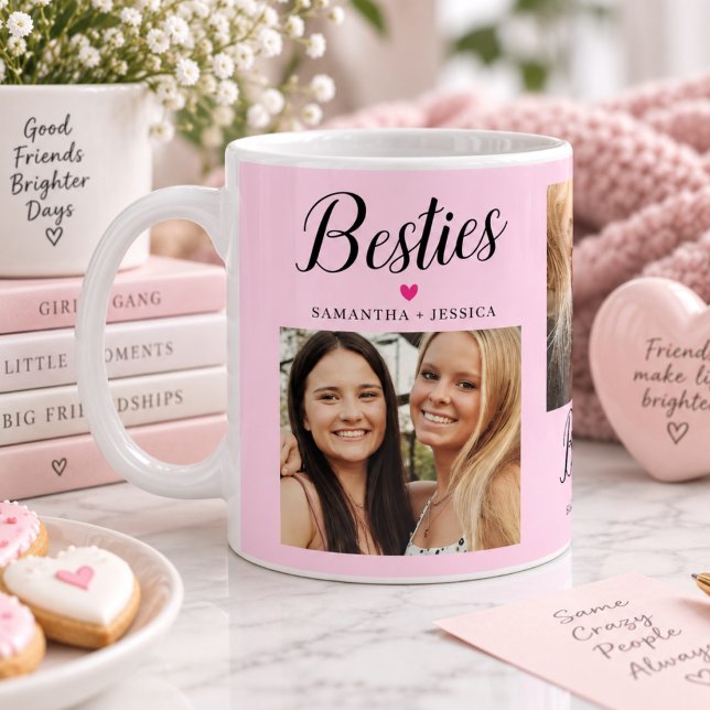 Bästa vän Script Rosa 3 Foto Collage & Namn Kaffemugg (Skapare uppladdad)