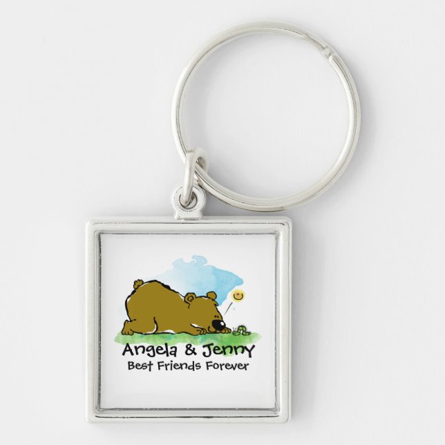 Bästa vänför evigt - björn och Caterpilar Fyrkantig Silverfärgad Nyckelring (Framsidan)