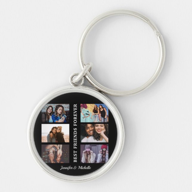 Bästa vänner, anpassade namn och 6 fotosamlingskar rund silverfärgad nyckelring (Framsidan)
