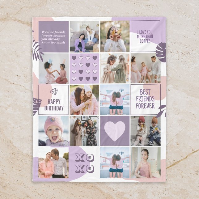 Bästa vänner Besties BFF Photo Collage Rosa Lila Fleecefilt (Photo Collage Blanket)