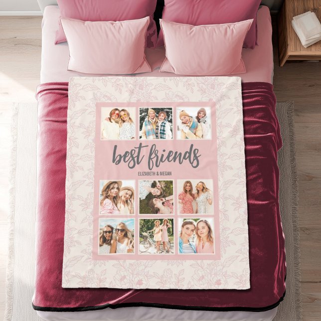 Bästa vänner BFF Rosa fotokollage med namn Fleecefilt (Personalize this pretty pink best friends blanket with 6 photos and your names. Makes a fun gift.)