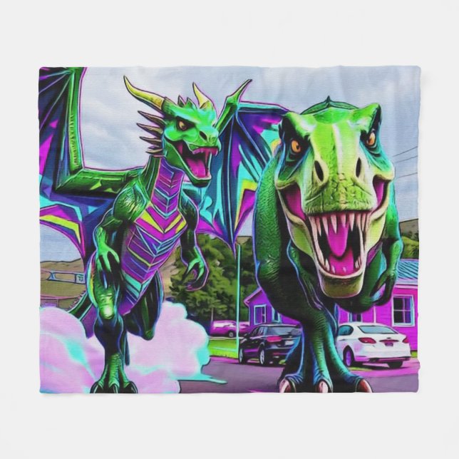 Bästa vänner - Drakon och dinosaurie promenerar Fleecefilt (Framsidan (Horisontell))