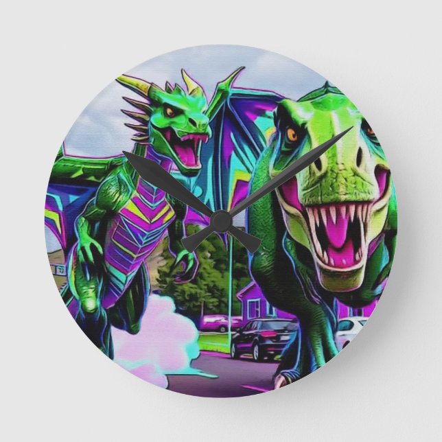 Bästa vänner - Drakon och dinosaurie som går Rund Klocka (Framsida)