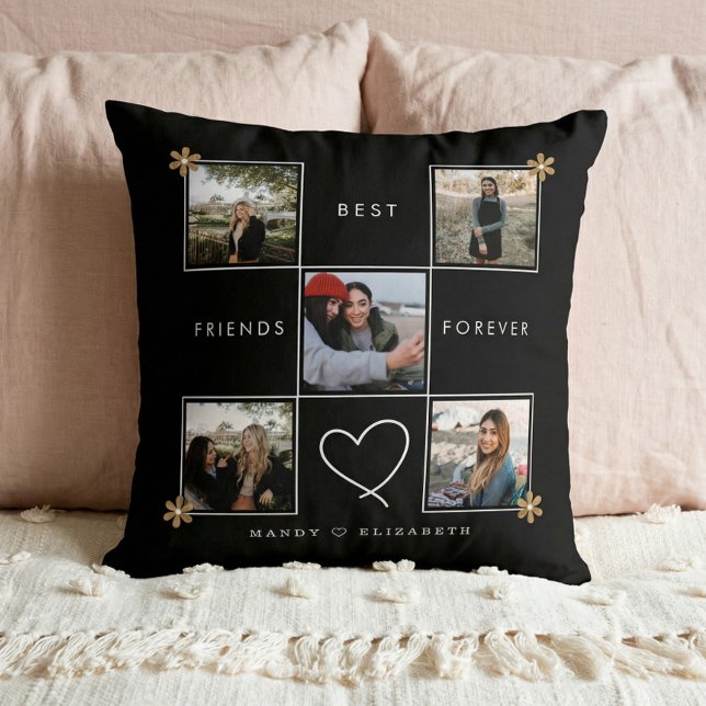 Bästa vänner för fem fotokollage svart kudde (Best Friends Forever Photo Collage BFF Keepsake Throw Pillow)