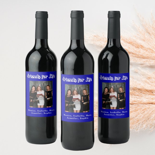 Bästa vänner foto kunglig blå vit skrift vinflaska etikett (Skapare uppladdad)