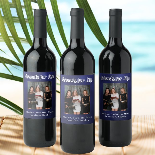 Bästa vänner, fotografera marint blått skript vinflaska etikett (Skapare uppladdad)