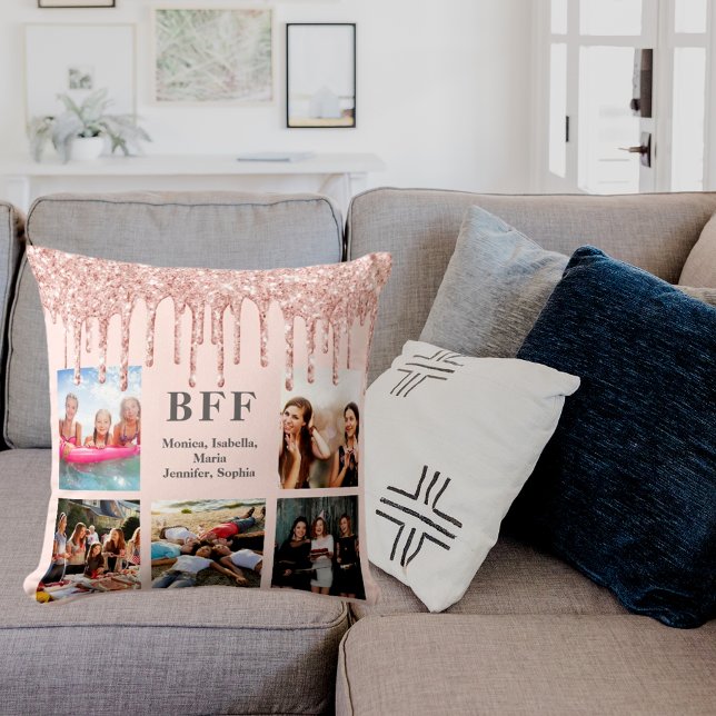 Bästa vänner fotokollage ro guld glitter rosa kudde (Skapare uppladdad)