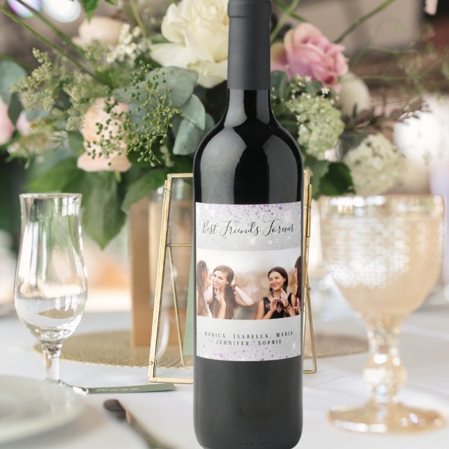 Bästa vänner fotot silver lila glitter stoft vinflaska etikett (Skapare uppladdad)