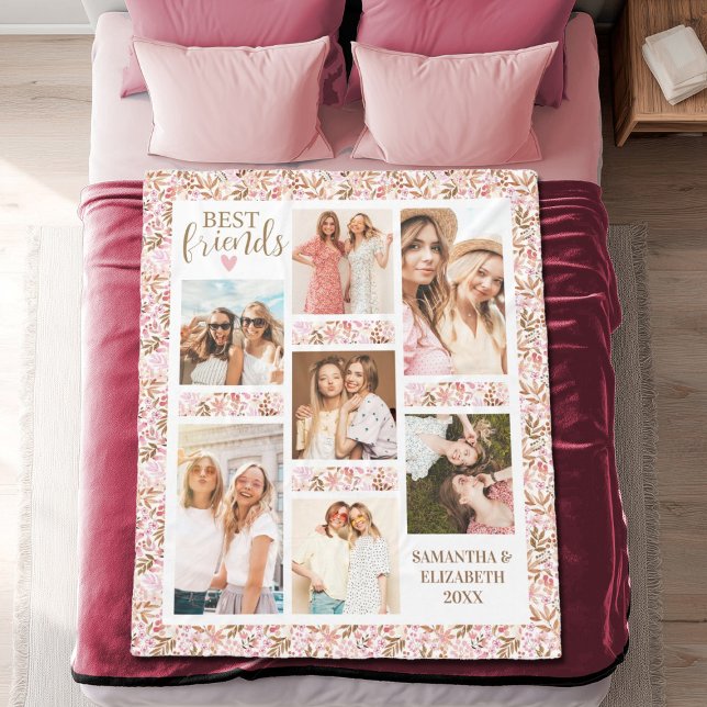 Bästa vänner Stilfull BFF- vänskap Rosa Foto Fleecefilt (A pretty floral 7 photo best friends blanket. Personalize it with the names and photos of your best.)