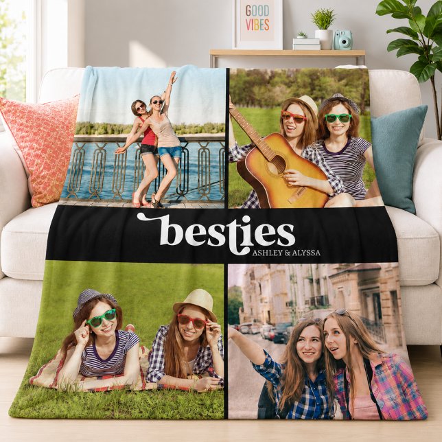 Bästa Vänners 4 Foto Fleecefilt (besties bff best friends black and white typography 4 photo collage blanket)