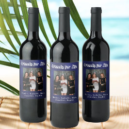 Bästa vänners foto marinblå vit skrift vinflaska etikett