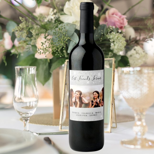 Bästa vänners foto silver glitterdamm namn vinflaska etikett (Skapare uppladdad)