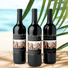 Bästa vänners foto svart silver glitterdamm vinflaska etikett