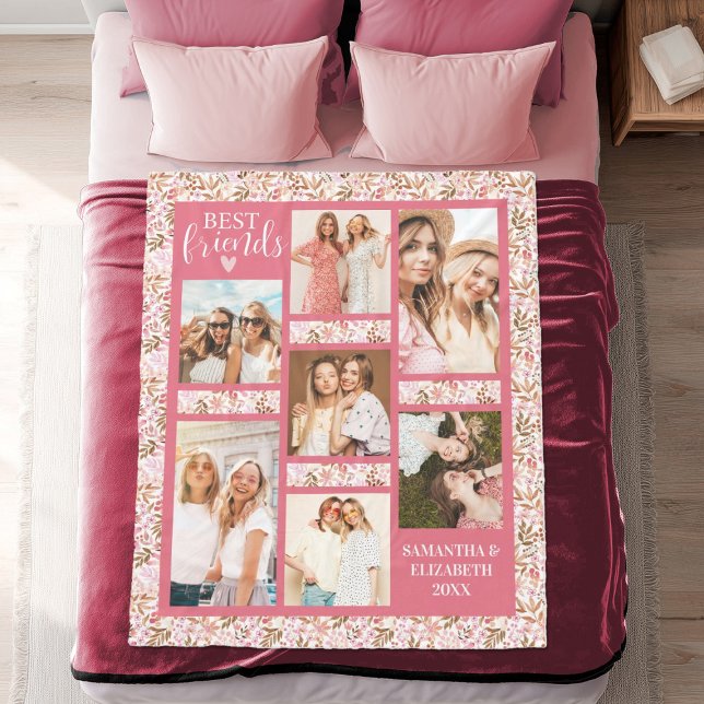 Bästa Vänners Stylish BFF Vänskap Rosa Foto Fleecefilt (A cute pink floral best friends photo blanket. Personlaize it with your photos and names.)