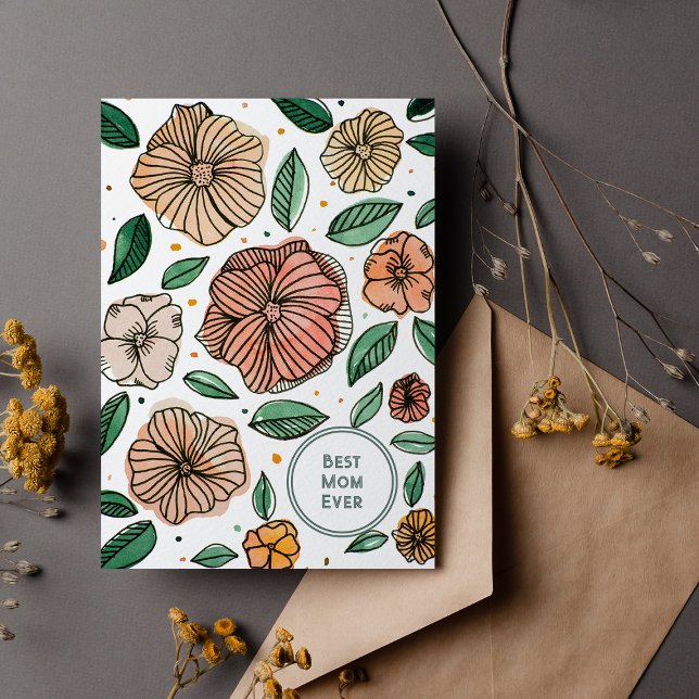 Bästa vattenfärgen i mamma och blommor i bläck julkort (Skapare uppladdad)