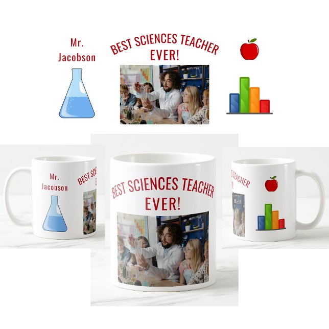 Bästa vetenskapslärare någonsin i Namn, uppskattni Kaffemugg (Best Sciences Teacher Ever photo mug. Name. Beaker. Bar Graph. Apple. Cute teacher appreciation mug)