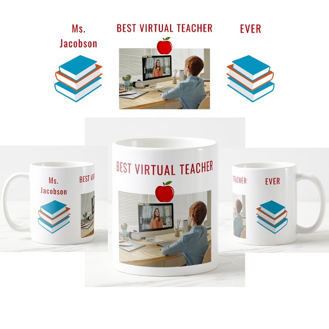 Bästa Virtuella lärare någonsin - eget namn Photo  Kaffemugg (Best Virtual Teacher Ever. Photo of student. Books. Modern, cute, elegant teacher appreciation mug)