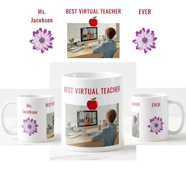Bästa Virtuella lärare någonsin uppskattat Namn-fo Kaffemugg (Best Virtual Teacher Ever. Photo of student. Flowers. Modern, cute, elegant teacher appreciation mug)