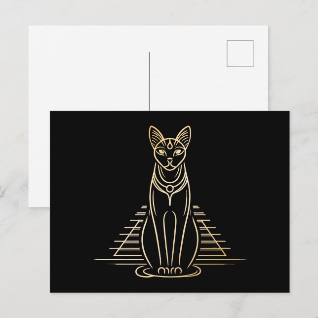 Bastet, egyptisk kattgudinna framför en pyramid vykort (Fram/baksida)