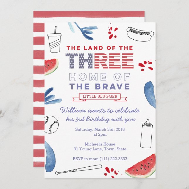 Bastiebollens tredje födelsedag, jakt och fladderm inbjudningar (Fram/baksida)