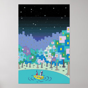 Båt flytande på sjön och en stjärnklar himmel. poster