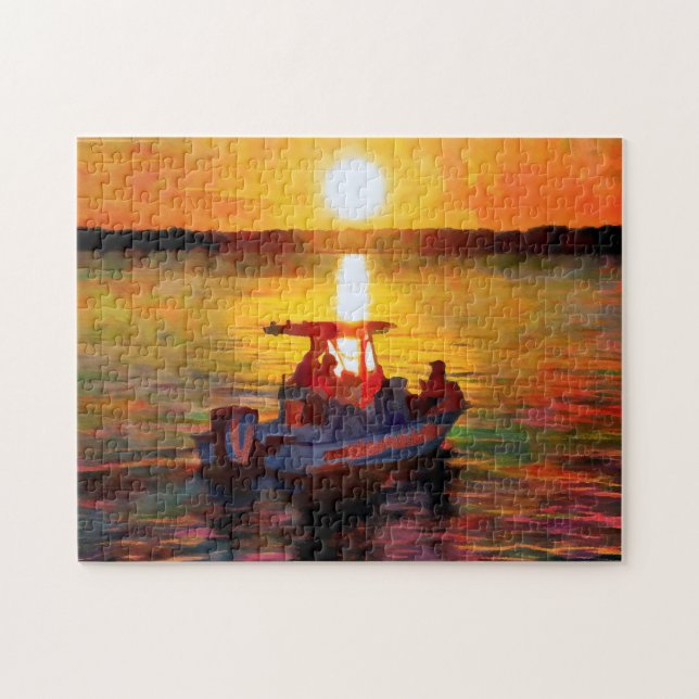 Båt in i ett Hilton Head Sunset Jigszle Puzzle Pussel (Horisontell)