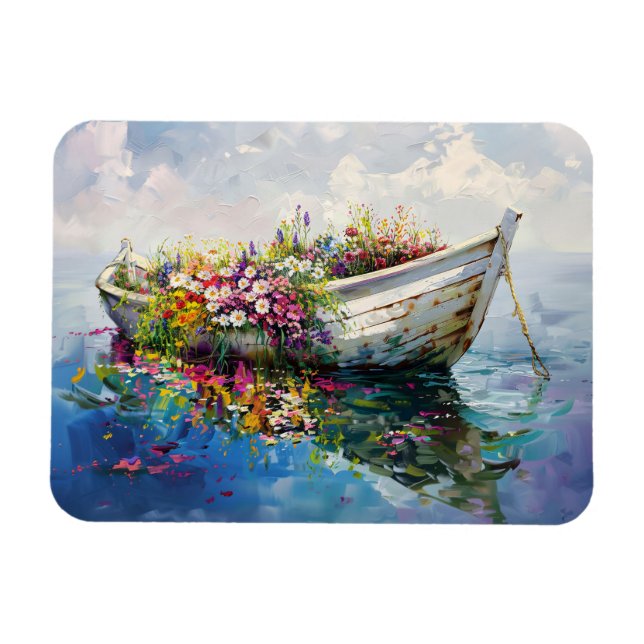 Båt med färgade vilda blommor flexibla magnet (Horisontell)