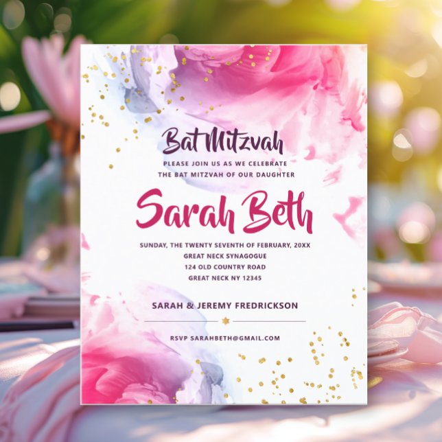 Bat Mitzvah Akvarell Glitter Budget Inbjudan (Skapare uppladdad)