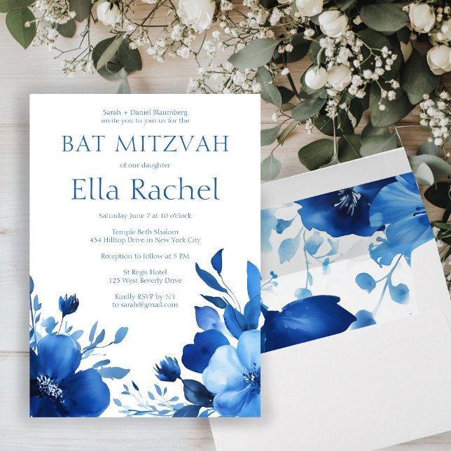 Bat mitzvah ANPASSNINGSBAR för blå blommor, vatten Inbjudningar (Blue Blooms Watercolor BAT MITZVAH CUSTOM Invitation
)