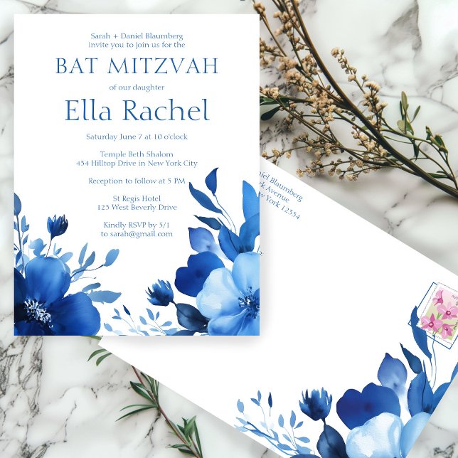 Bat mitzvah ANPASSNINGSBAR för blå blommor, vatten Vykort (Blue Blooms Watercolor BAT MITZVAH CUSTOM Postcard
)