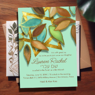 Bat mitzvah Aqua Brown Watercolor Petals över Star Inbjudningar