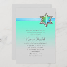 Bat mitzvah Aqua Grönt Ombre Ribbon and Star Inbjudningar