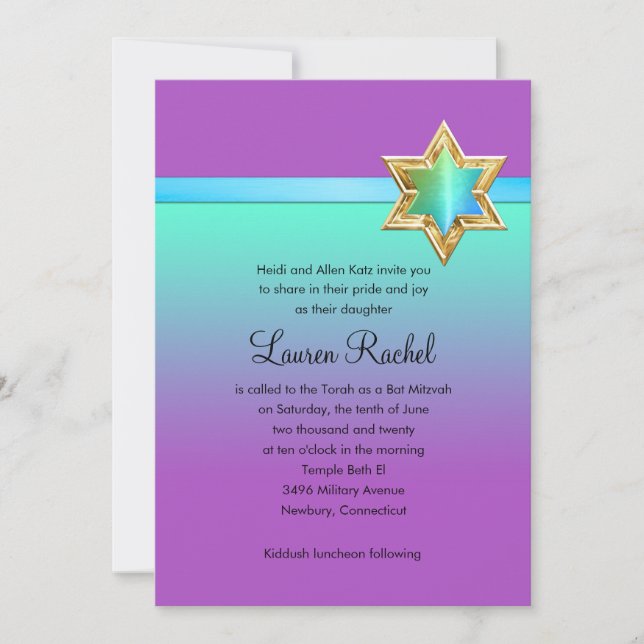 Bat mitzvah Aqua Grönt Ombre Ribbon and Star Inbjudningar (Framsida)