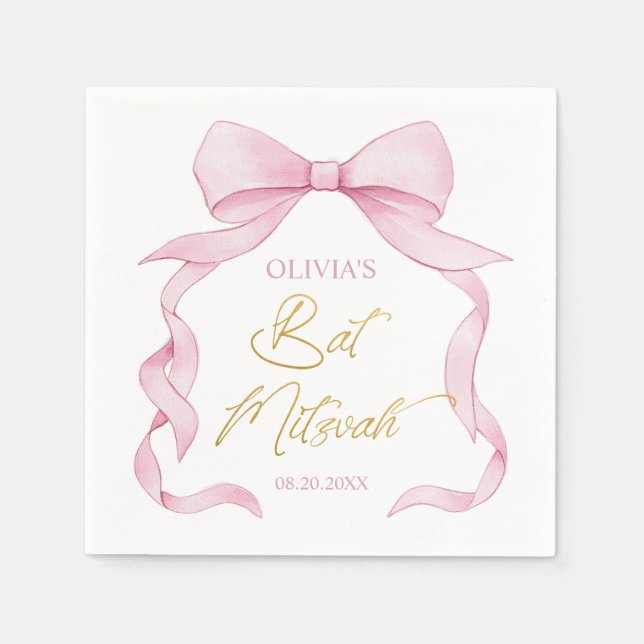 Bat mitzvah av Loely Coquette Rosa Ribbon Bows Pappersservett (Framsidan)