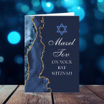 Bat mitzvah av marint blått Guld-agate Mazel Tov Kort<br><div class="desc">Elegant marinblått och guld agate dekorerar sidan av detta moderna Bat mitzvah grattis-kort för party. Mazel Tov! Anpassa den under David stjärna. Perfekt hälsningskort för en chic,  snyggt judisk familj som firar en flicka som kallas till Torah.</div>