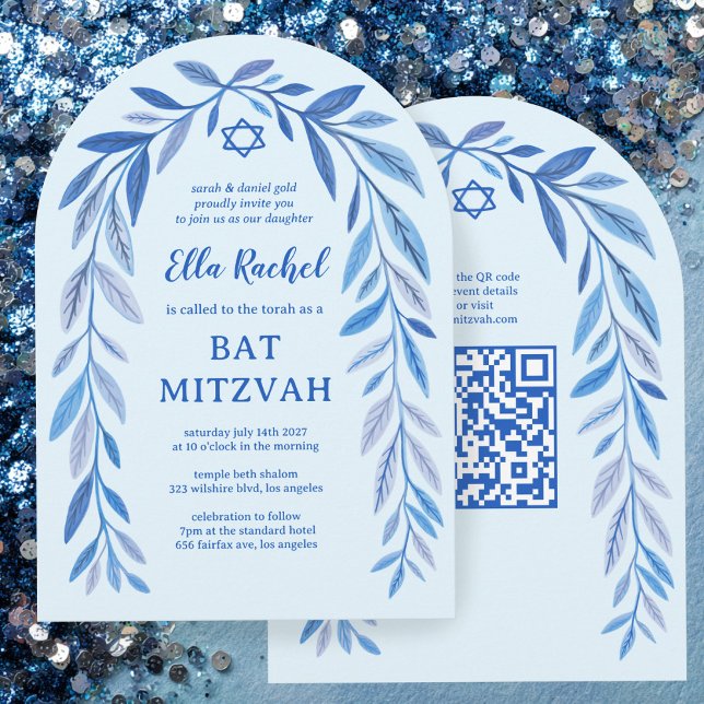 Bat mitzvah bågbåge QR-kod Pub Inbjudningar (Botanical Watercolor QR Code Bar Bat Mitzvah Arch Invitation
)