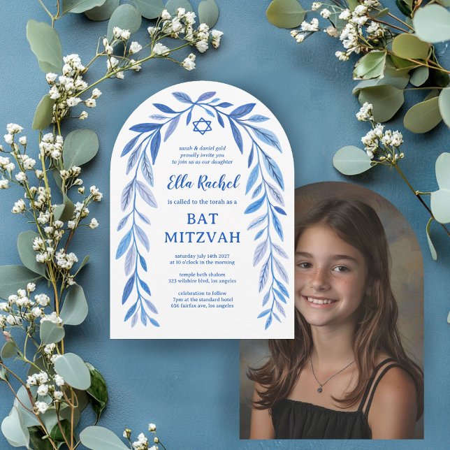 Bat mitzvah bågfoto för botaniska vattenfärger i P Inbjudningar (Botanical Watercolor Bar Bat Mitzvah Arch Photo Invitation
)