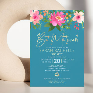 Bat Mitzvah Blå Guld Script Blommig Akvarell Inbjudningar